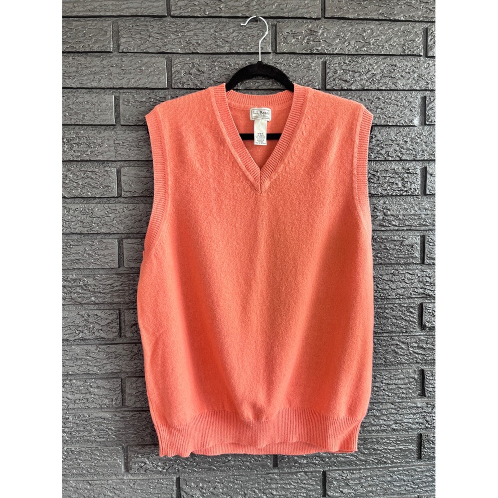 Vintage LL Bean Mens V Neck Sweater Vest Orange Wool Cashmere Classic Preppy